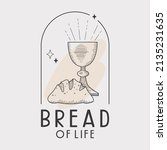 Euharist cup and bread line illustration with bread of life bible verse text. 