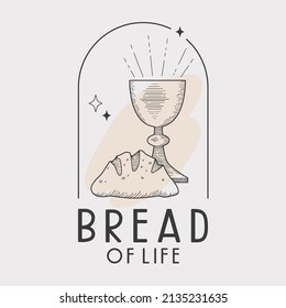Euharist cup and bread line illustration with bread of life bible verse text. 