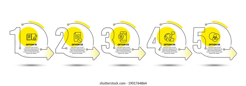 Euler diagram, 5g phone and Wrong file line icons set. Timeline process infograph. Feedback sign. Relationships chart, Wifi internet, Page paper. Book with pencil. Science set. Vector