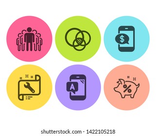 Euler diagram, Ab testing and Phone payment icons simple set. Spanner, Group and Loan percent signs. Relationships chart, Phone test. Technology set. Flat euler diagram icon. Circle button. Vector