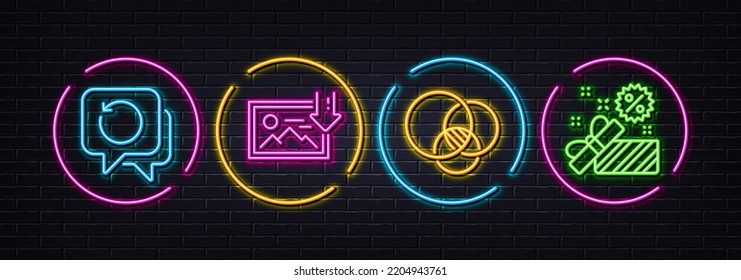 Euler diagram, Download photo and Recovery data minimal line icons. Neon laser 3d lights. Sale icons. For web, application, printing. Relationships chart, Image placeholder, Backup info. Vector