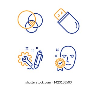 Euler diagram, Engineering and Usb stick icons simple set. Face verified sign. Relationships chart, Construction, Memory flash. Access granted. Science set. Linear euler diagram icon. Vector