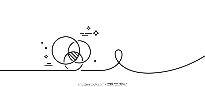 Icono de línea de diagrama más largo. Una línea continua con curl. Signo de círculos eulerianos. Símbolo del gráfico de relaciones. Cinta de contorno simple del diagrama de euler. Patrón de curva de bucle. Vector