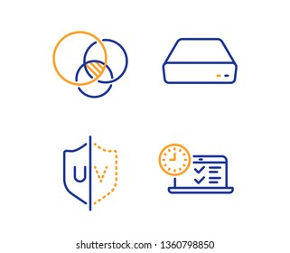 Euler diagram, Mini pc and Uv protection icons simple set. Online test sign. Relationships chart, Computer, Ultraviolet. Examination. Business set. Linear euler diagram icon. Colorful design set