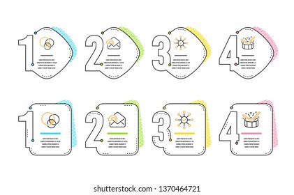 Euler diagram, Send mail and Survey check icons simple set. Drums sign. Relationships chart, Sent message, Correct answer. Drumsticks. Education set. Infographic timeline. Line euler diagram icon