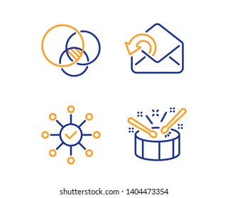 Euler diagram, Send mail and Survey check icons simple set. Drums sign. Relationships chart, Sent message, Correct answer. Drumsticks. Education set. Linear euler diagram icon. Colorful design set