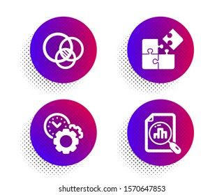 Euler diagram, Time management and Puzzle icons simple set. Halftone dots button. Analytics graph sign. Relationships chart, Settings, Engineering strategy. Chart report. Science set. Vector