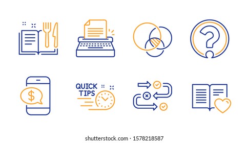 Euler diagram, Typewriter and Survey progress line icons set. Question mark, Quick tips and Recipe book signs. Phone payment, Love book symbols. Relationships chart, Writer machine. Vector