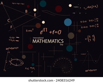 Eulers Gleichung in der Mitte auf dunklem Hintergrund, umgeben von Gleichungen, Grafiken und mathematischen Symbolen.