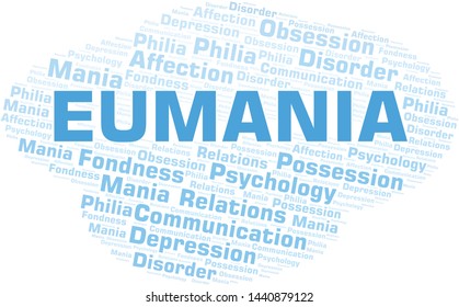 Eumania word cloud. Type of mania, made with text only.