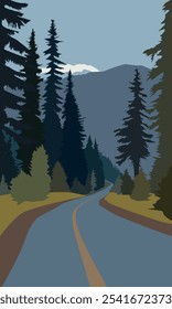 Eun Tae Road Coniferous forest. Vector illustration in flat style, for decoration in natural style.