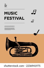 Eufonio. Afiche del festival de música. Instrumentos musicales eólicos. Competencia. Un conjunto de ilustraciones vectoriales. Diseño minimalista. Cartel, volante, portada, impresión.