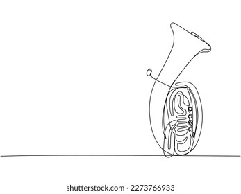 Euphonium one line art. Continuous line drawing of bass, equipment, classic, melody, euphonium, baritone, retro, vintage, tuba, trumpet, music, trombone, jazz, orchestra.