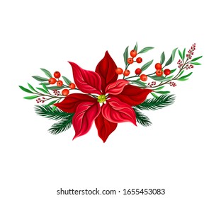 Euphorbia Red Flower Arranged with Fir Tree Twigs and Red Berries Branch Vector Illustration