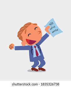 euphoric cartoon character of businessman raises his arms with document in hand