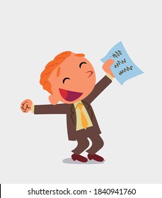 euphoric cartoon character of businessman raises his arms with document in hand