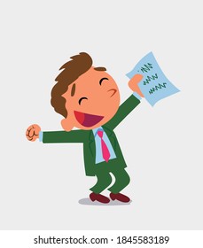 euphoric cartoon character of businessman raises his arms with document in hand