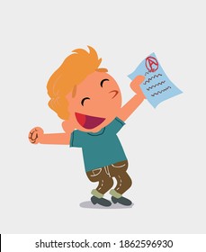 euphoric cartoon character of  little boy in jeans raises his arms with exam in hand