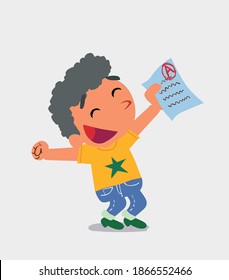 euphoric cartoon character of  little boy on jeans raises his arms with exam in hand
