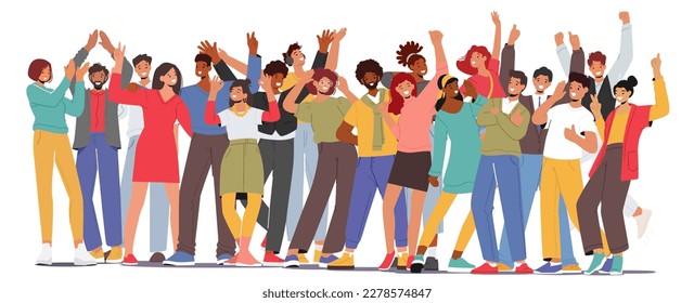 Euphoric And Ecstatic Characters Gathered Together In Joyous Atmosphere. Lively Crowd Radiates Positive Energy during Festive Event, Concert, or Social Gathering. Cartoon People Vector Illustration