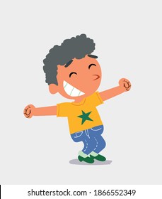 Euphoric  little boy on jeans in funny cartoon character