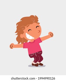 Euphoric  little girl on jeans in funny cartoon character
