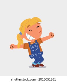 Euphoric  little girl on jeans in funny cartoon character