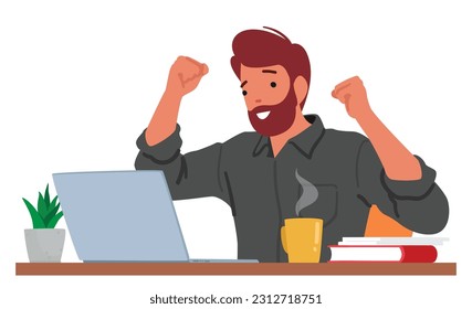 Euphoric Man Celebrates With Joy While Using His Laptop. Male Character Expressing Happiness And Satisfaction In His Online Activities Or Achievements. Cartoon People Vector Illustration