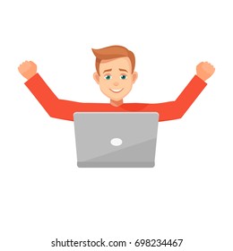 Euphoric winner working with laptop on a desk winning at home.male character celebrating, hands up.vector illustration isolated from background.young man doing a winner gesture