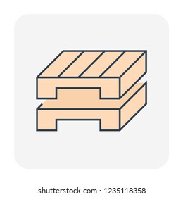 EUR or euro pallet vector icon. Industrial equipment platform of wood, plank or board for factory, warehouse for stock or store cargo, crate, box by stack pile. Freight transport shipping industry.