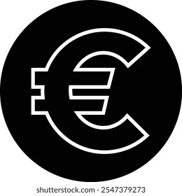 EUR Símbolo do euro brilhante Símbolo monetário negro ícone moedas e um chip digital simbolizando a interseção das finanças tradicionais e digitais. isolado em fundo transparente, usado para celular.