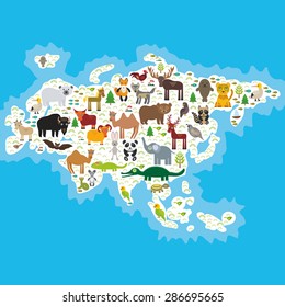 Eurasia animal bison bat fox wolf elk horse cock camel partridge fur seal Walrus goats Polar bear Eagle bull raccoon snake sheep panda leopard Brown bear deer gannet Crocodile turtle elephant. Vector