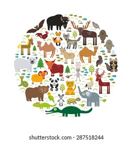 Eurasia animal bison bat fox wolf elk horse cock camel partridge fur seal Walrus goats Polar bear Eagle bull raccoon snake sheep panda leopard Brown bear deer gannet Crocodile turtle elephant. Vector