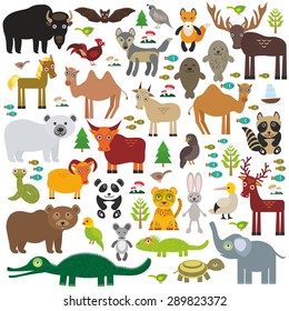 Eurasia animal bison bat fox wolf elk horse cock camel partridge fur seal Walrus goats Polar bear Eagle bull raccoon snake sheep panda leopard Brown bear deer gannet Crocodile turtle elephant. Vector 