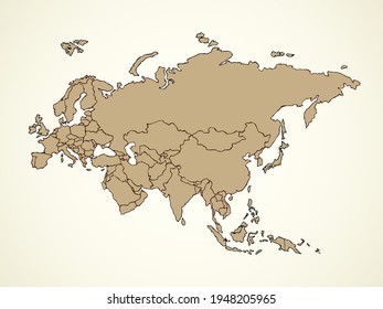 Eurasia. Continent with the contours of the countries. Vector drawing