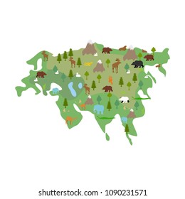 Eurasia continent Map Animal and plants. flora and fauna on mainland. Vector
