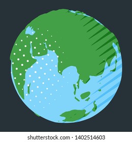 Eurasia continent on globe in comic style with polka dot and stripes as geography concept