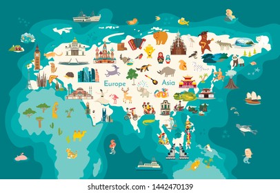 Eurasia continent, world map with landmarks vector cartoon illustration. Abstract Eurasian animals, Europe and Asia sign and icon cartoon style.  Poster, art, travel card 