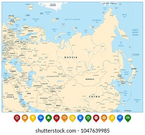 Eurasia detailed map and colorful map pointers. Highly detailed vector illustration of map.