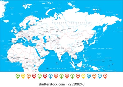 Eurasia Europa Russia China India Indonesia Thailand Africa Map - Detailed Vector Illustration