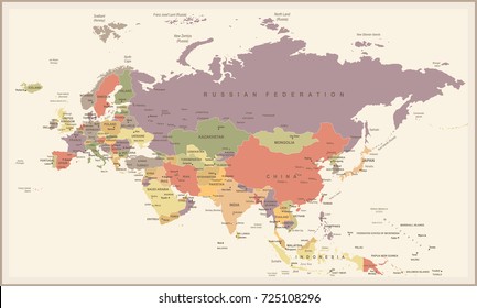 Eurasia Europa Russia China India Indonesia Thailand Map - Vintage Detailed Vector Illustration