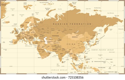 Eurasia Europa Russia China India Indonesia Thailand Map - Detailed Vector Illustration