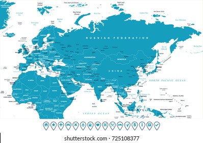 Eurasia Europa Russia China India Indonesia Thailand Africa Map - Detailed Vector Illustration