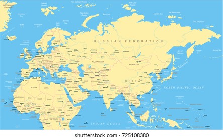 Eurasia Europa Russia China India Indonesia Thailand Africa Map - Detailed Vector Illustration