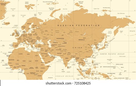 Eurasia Europa Russia China India Indonesia Thailand Map - Detailed Vector Illustration