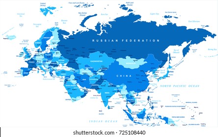 Eurasia Europa Russia China India Indonesia Map - Detailed Vector Illustration