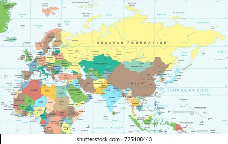 Eurasia Europa Russia China India Indonesia Thailand Africa Map - Detailed Vector Illustration