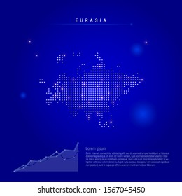 Eurasia illuminated map with glowing dots. Infographics elements. Dark blue space background. Vector illustration. Growing chart, lorem ipsum text.