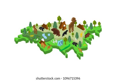 Eurasia Isometric Map Animal and plants. flora and fauna on mainland. Vector
