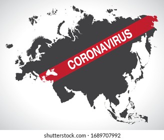 Eurasia map with Coronavirus warning illustration